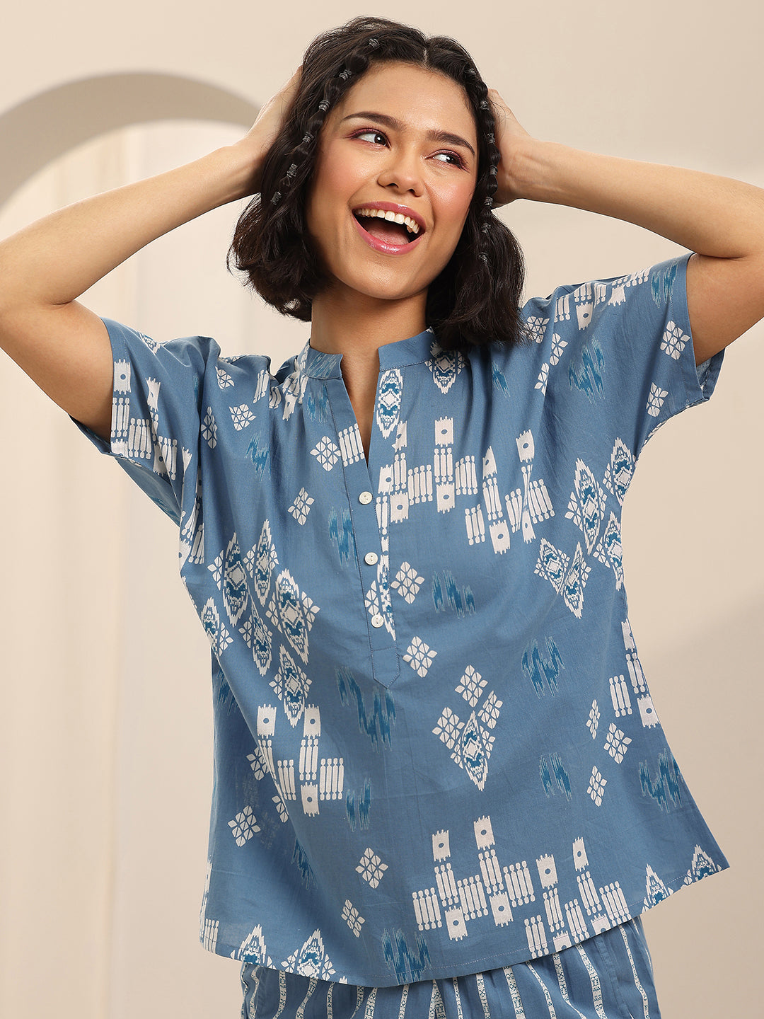 Blue Printed Cotton Night Suits