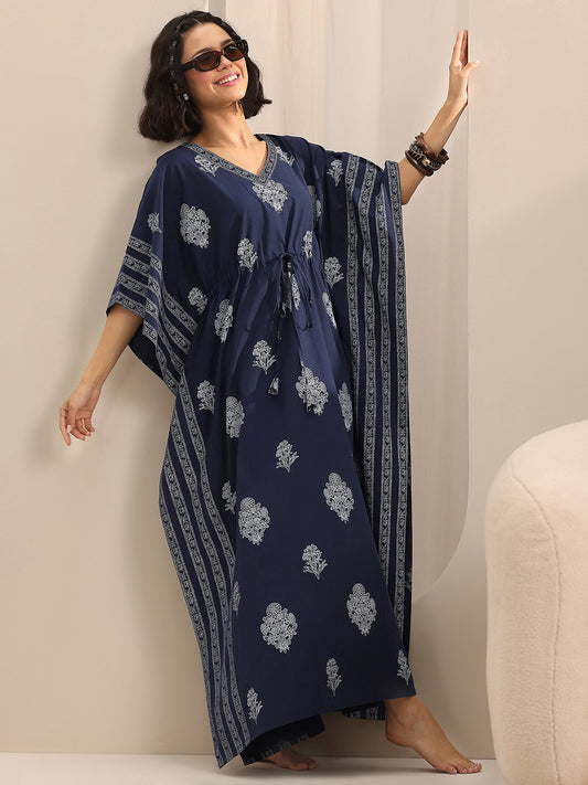 Blue Printed Cotton Kaftan Night Dress