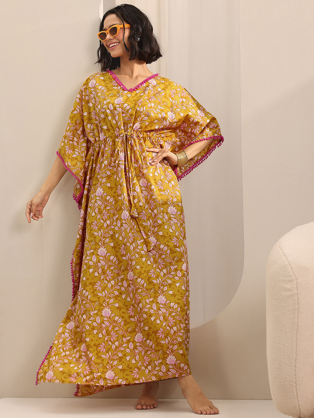 Mustard Printed Cotton Kaftan Night Dress
