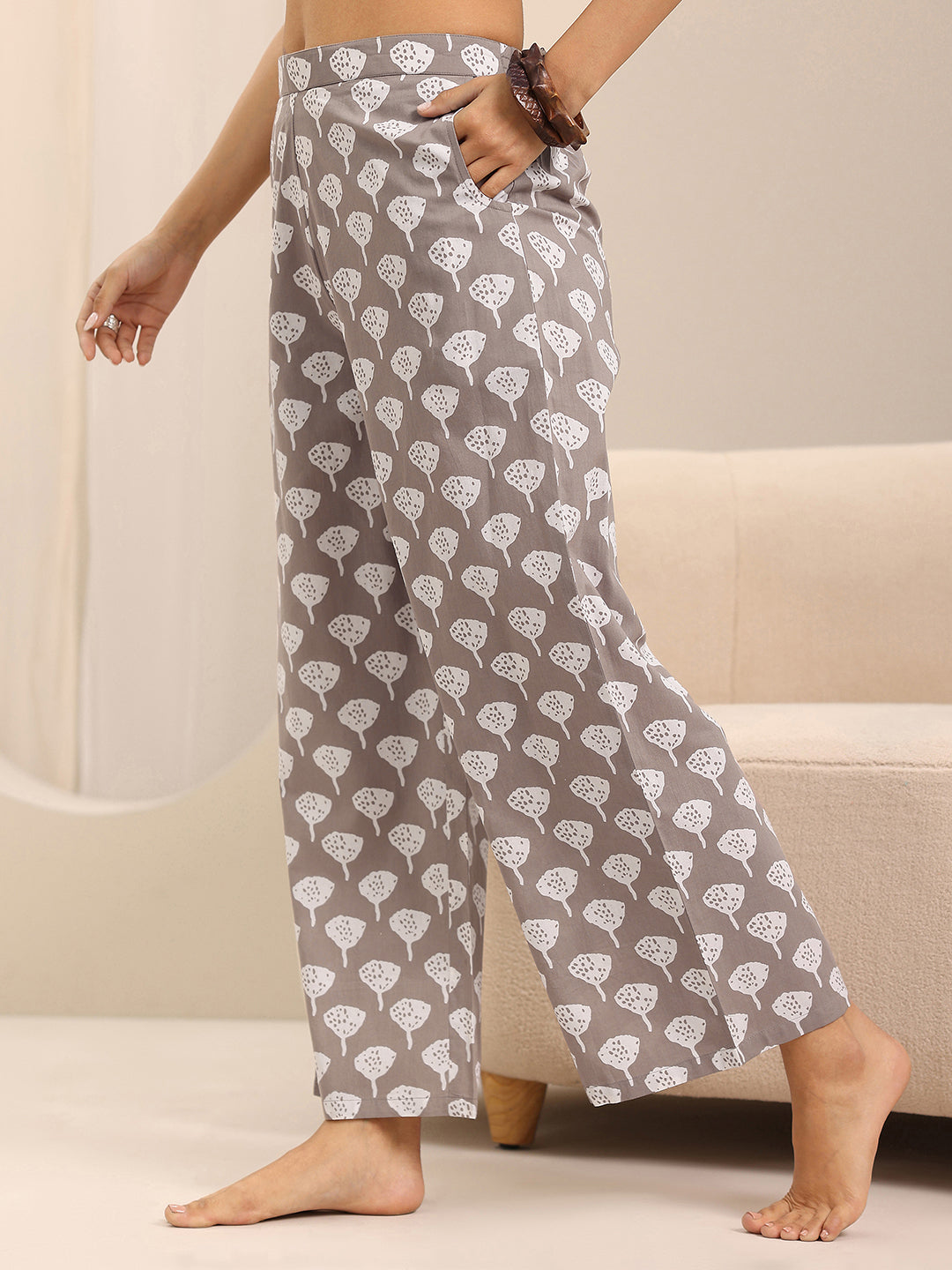 Grey Printed Cotton Night Suits