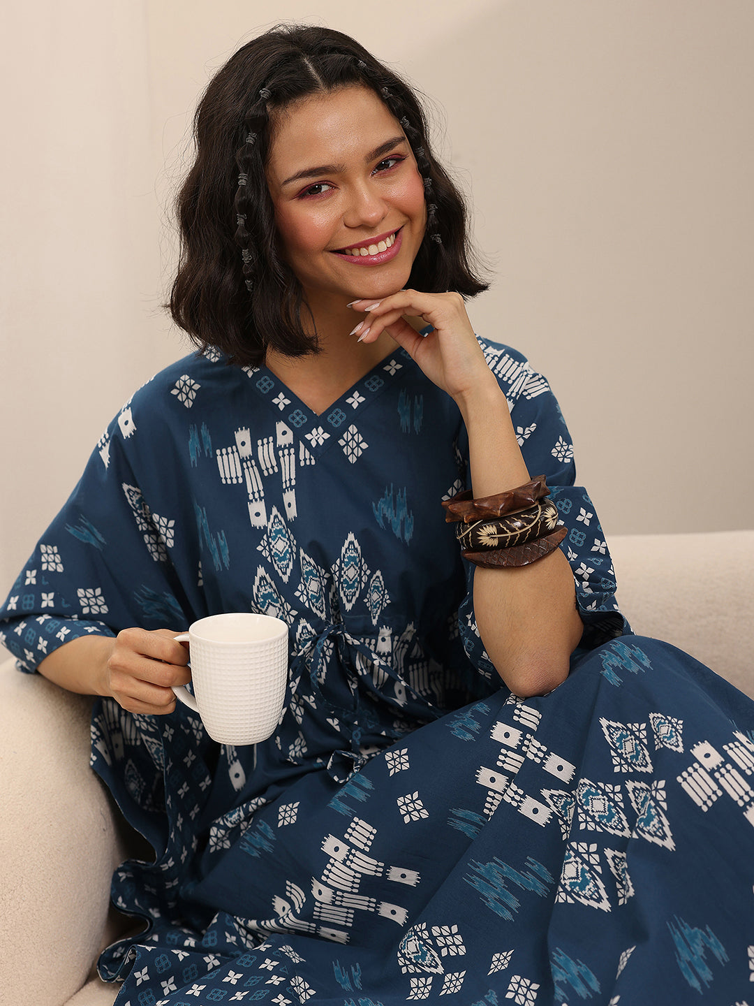 Blue Printed Cotton Kaftan Night Dress