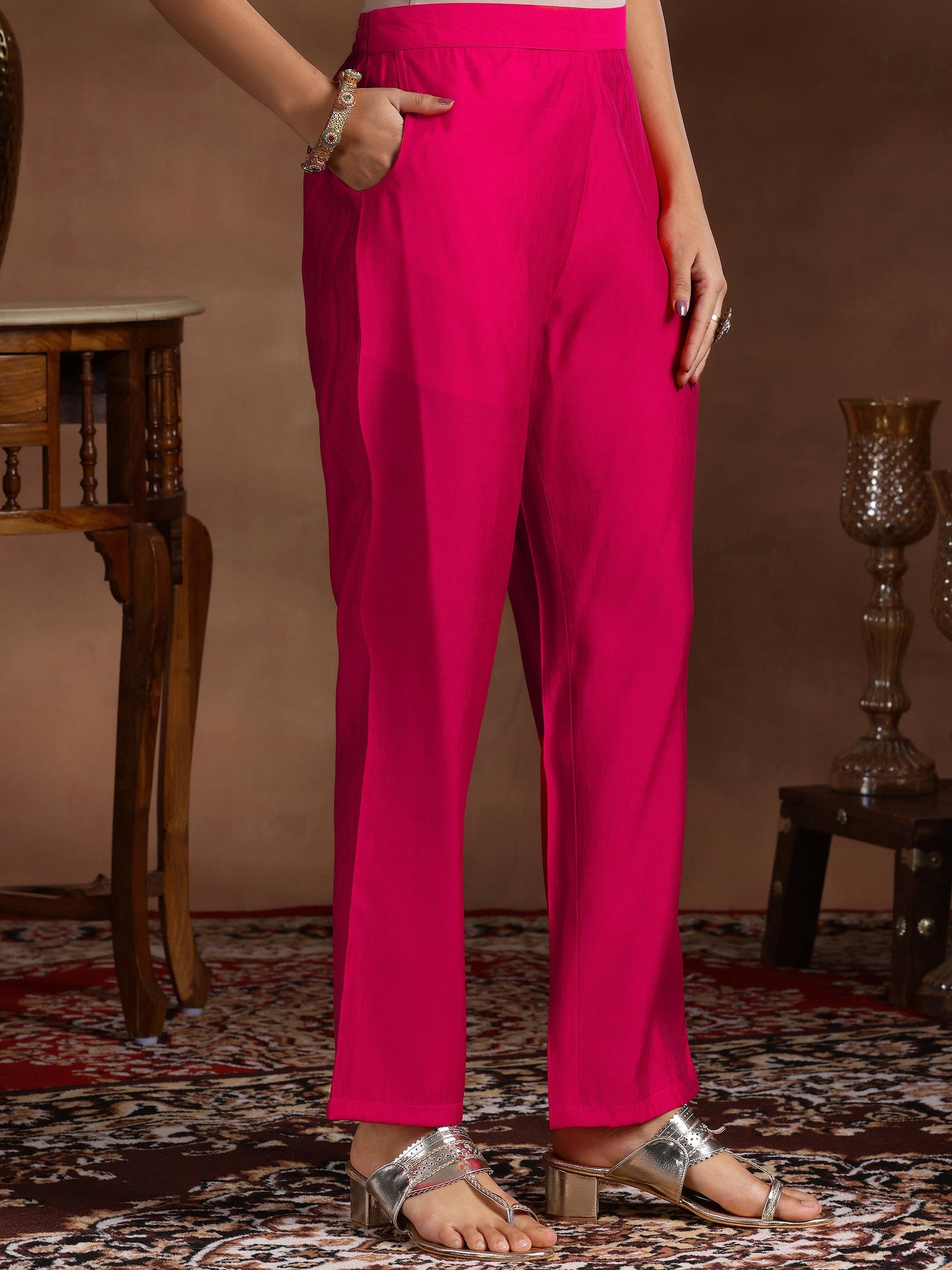 Pink Printed Silk Blend Straight Suit With Dupatta