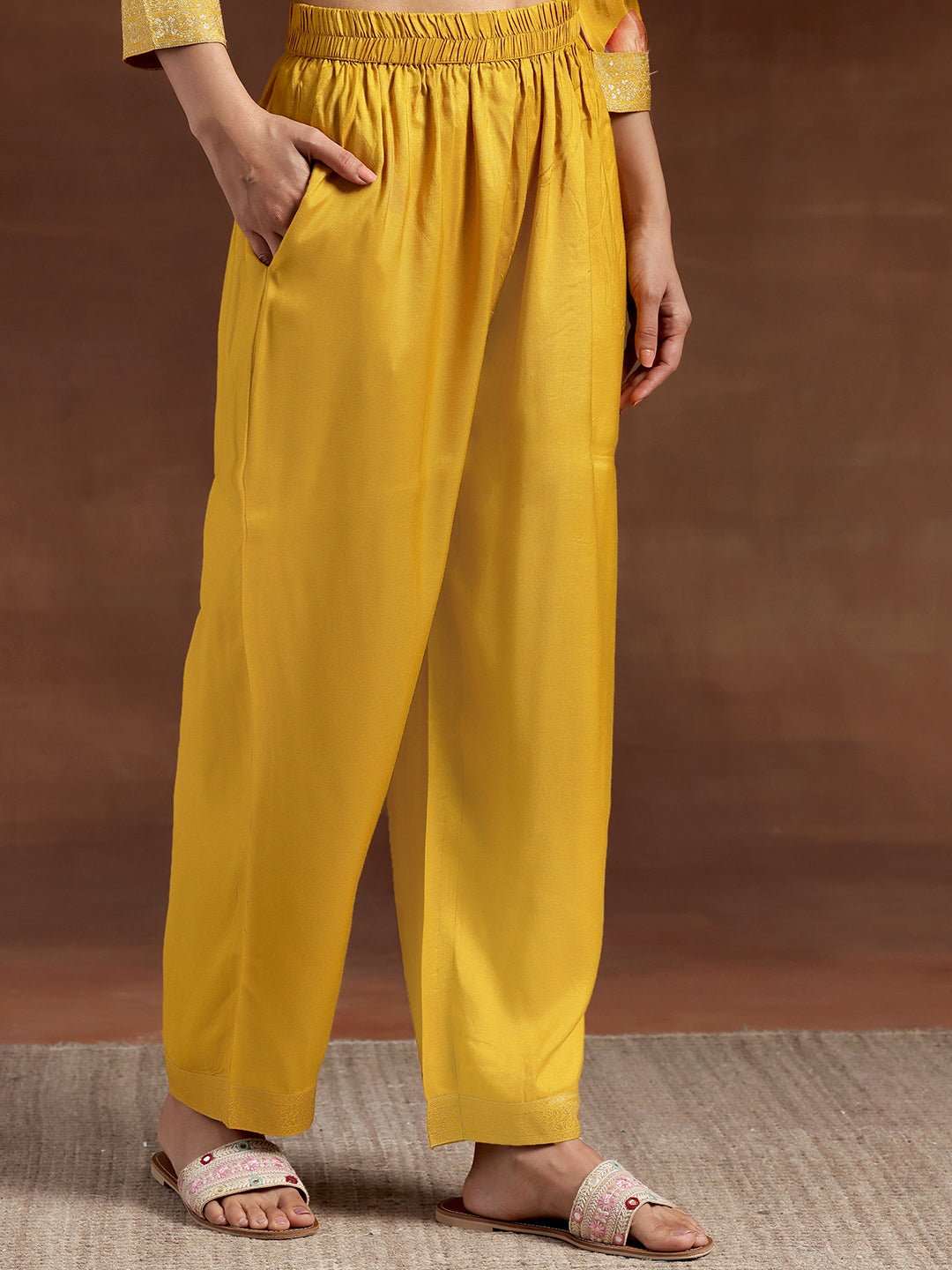 Mustard Printed Silk Blend Straight Suit With Dupatta