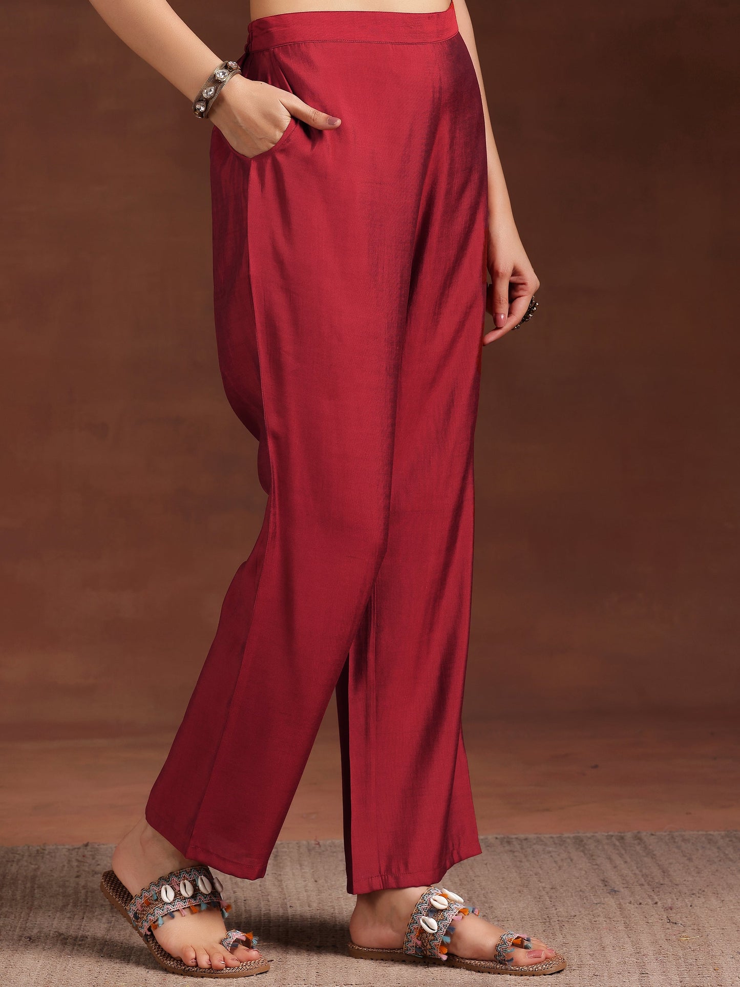 Maroon Printed Silk Blend Straight Suit With Dupatta