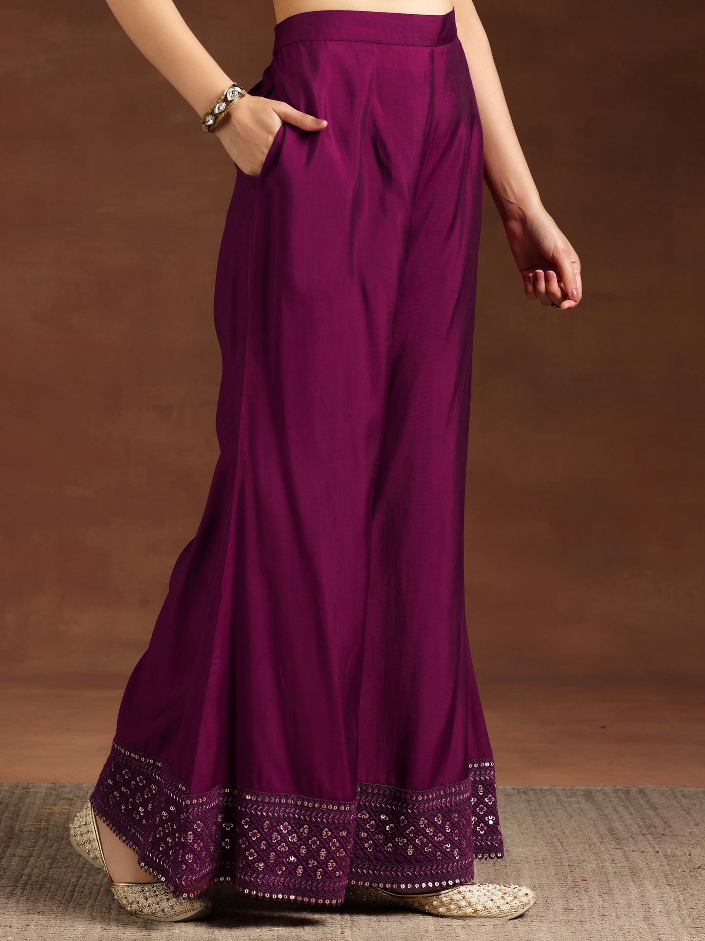 Wine Embroidered Silk Blend Straight Suit With Dupatta