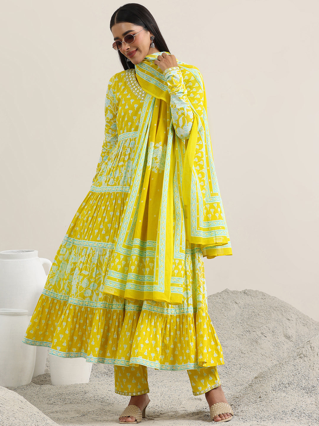 Yellow Printed Cotton Anarkali Suit With Dupatta