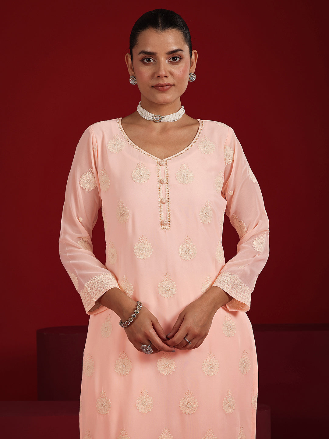 Libas Art Pink Embroidered Georgette Straight Suit Set With Dupatta