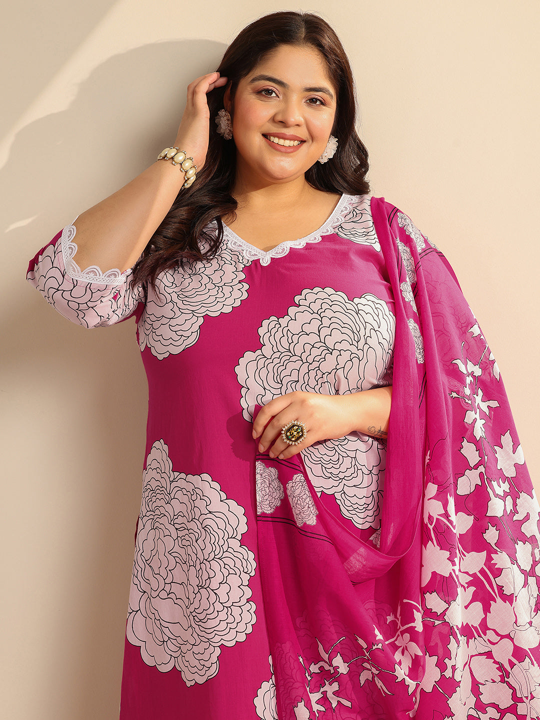 Plus Size Pink Printed Cotton Straight Suit Set With Dupatta