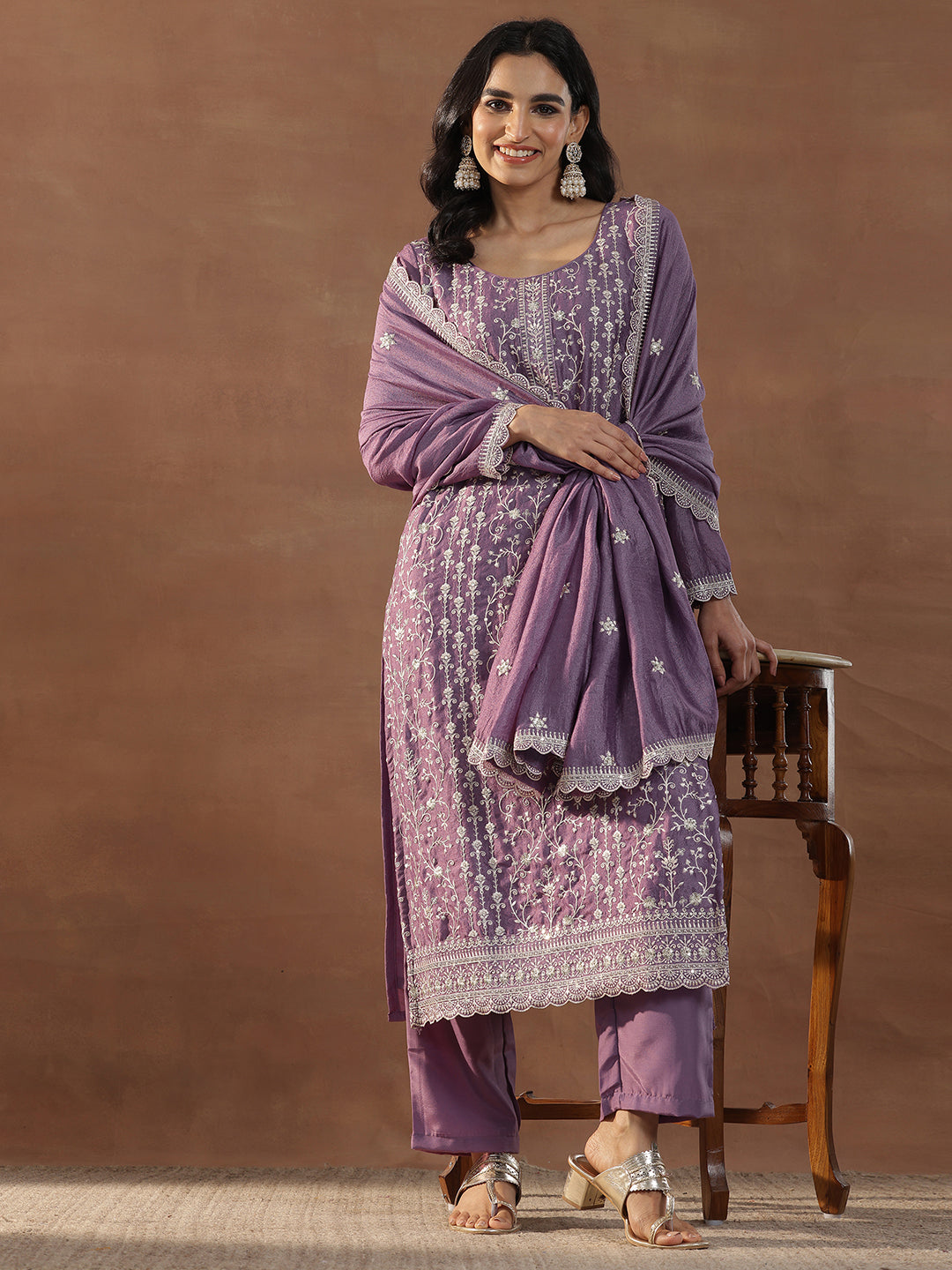 Purple Embroidered Silk Blend Straight Suits With Dupatta