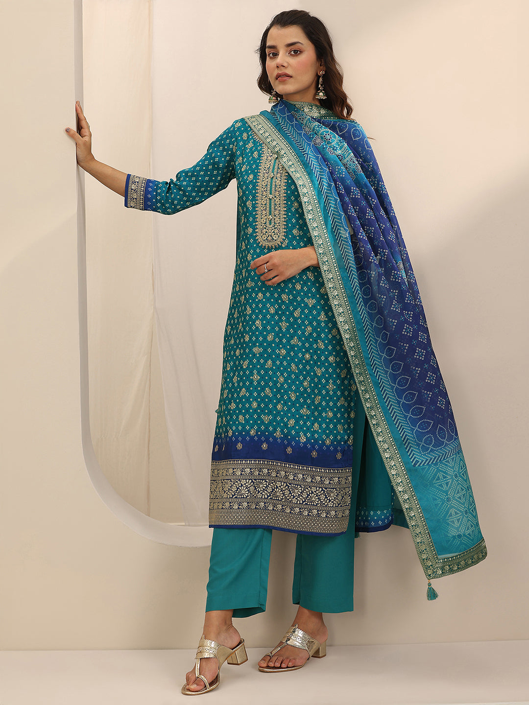 Blue Printed Silk Blend Straight Suit Set With Dupatta