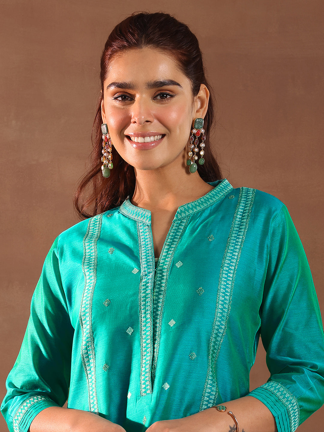 Turquoise Blue Woven Design Chanderi Silk Straight Suit With Dupatta