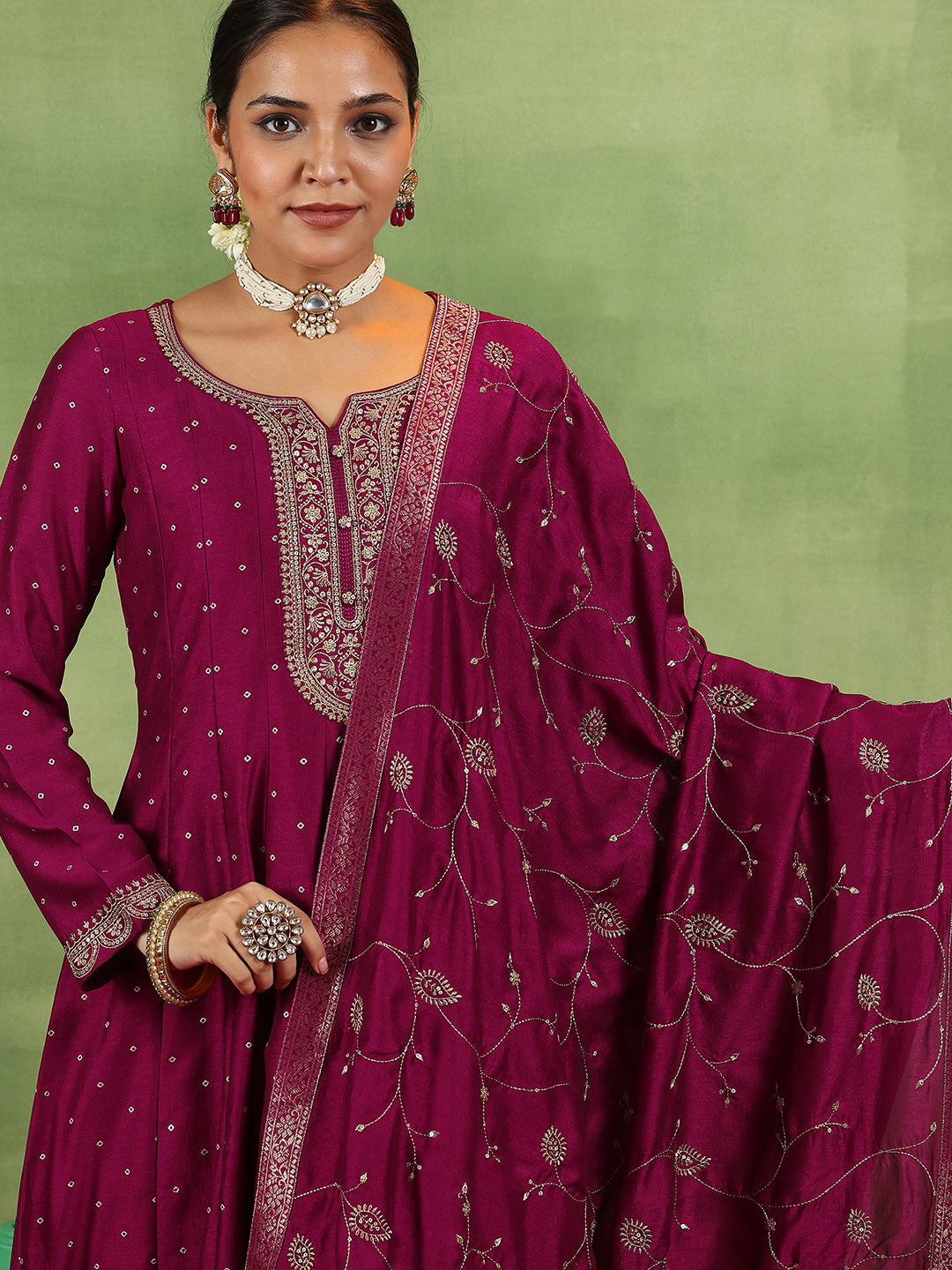 Maroon Embroidered Silk Blend Anarkali Suit With Dupatta