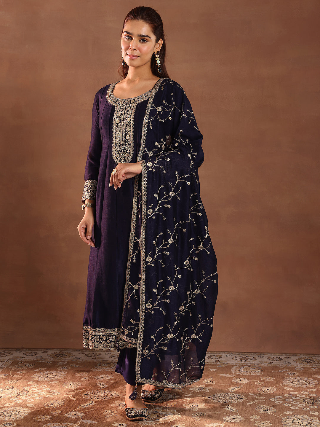 Purple Embroidered Silk Blend Anarkali Suit With Dupatta