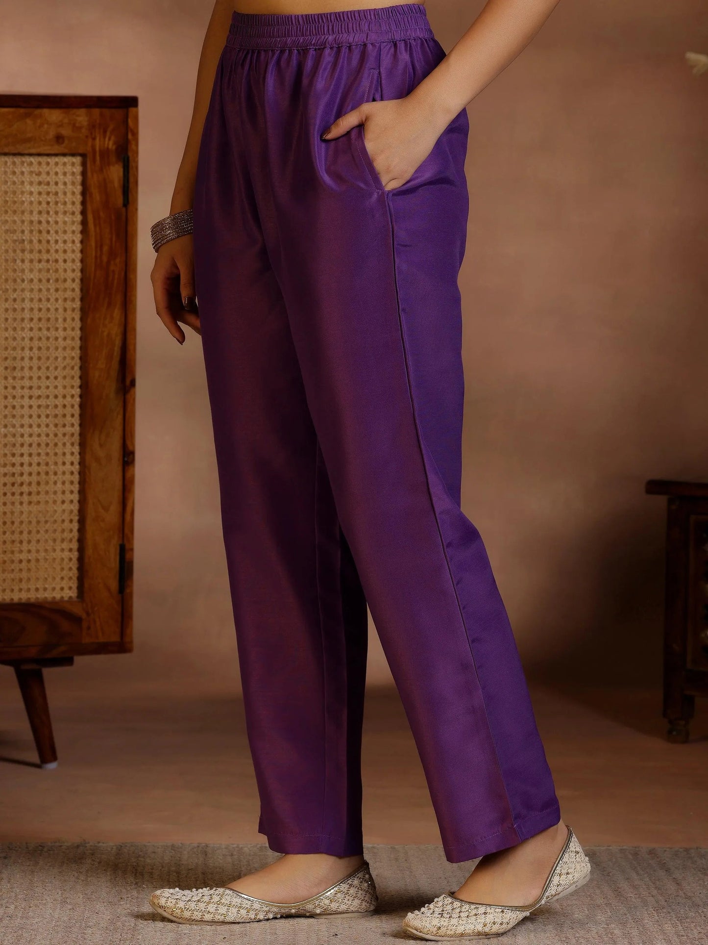 Purple Printed Silk Blend Straight Suit With Dupatta