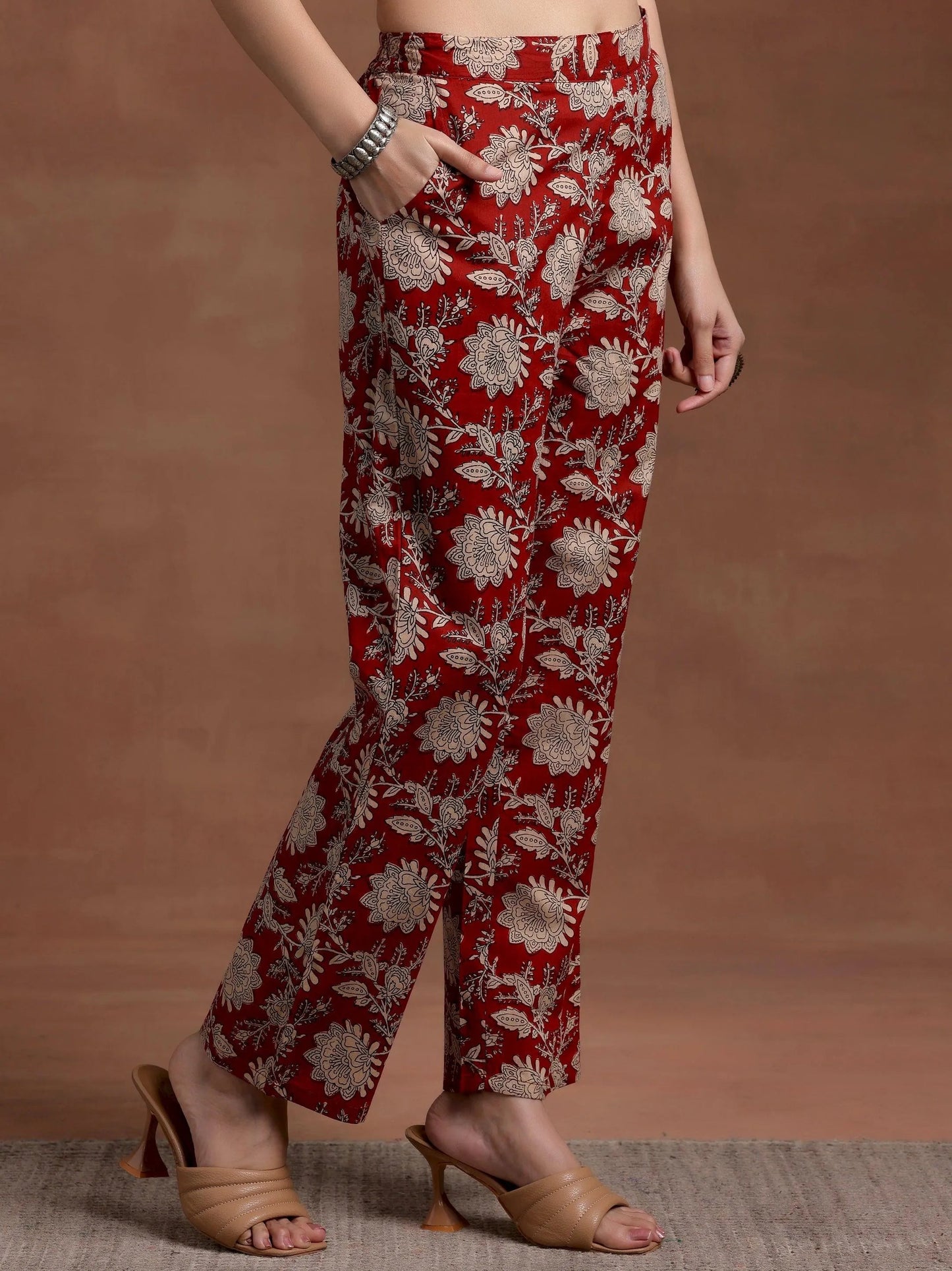 Rust Printed Cotton A-Line Kurta With Palazzos