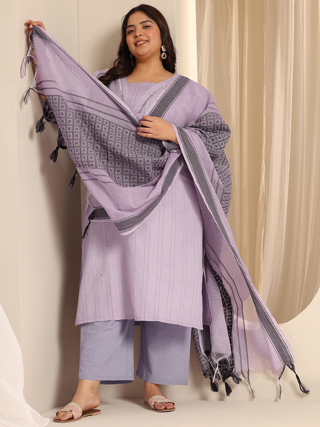 Plus Size Lavender Woven Design Cotton Blend Straight Suit Set With Dupatta