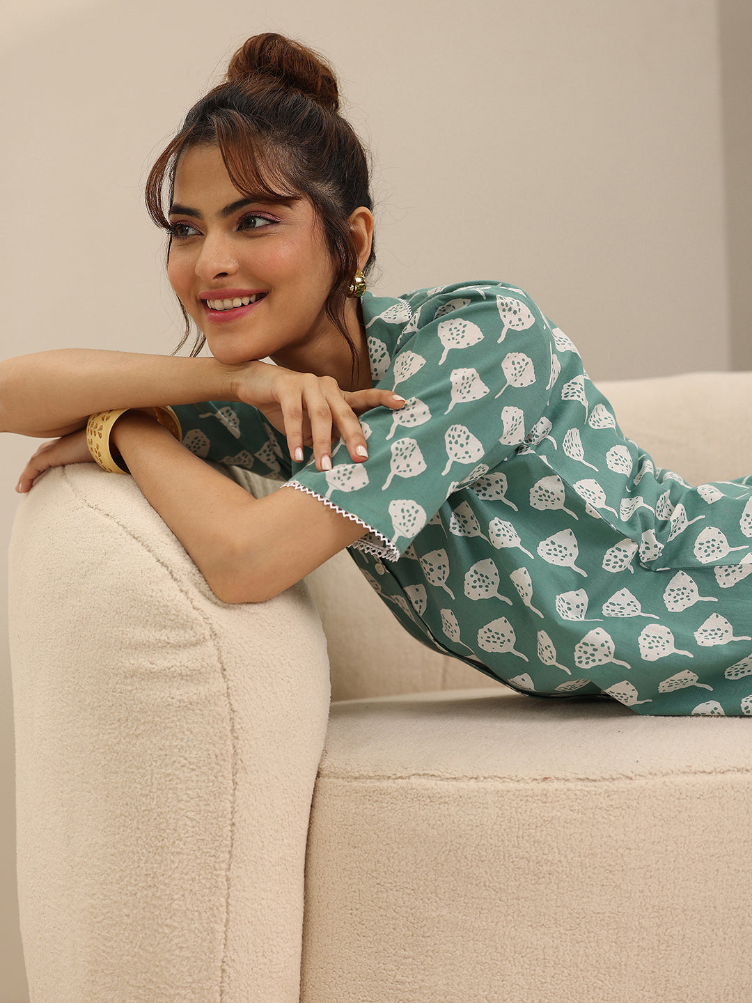 Sea Green Printed Cotton Night Suits