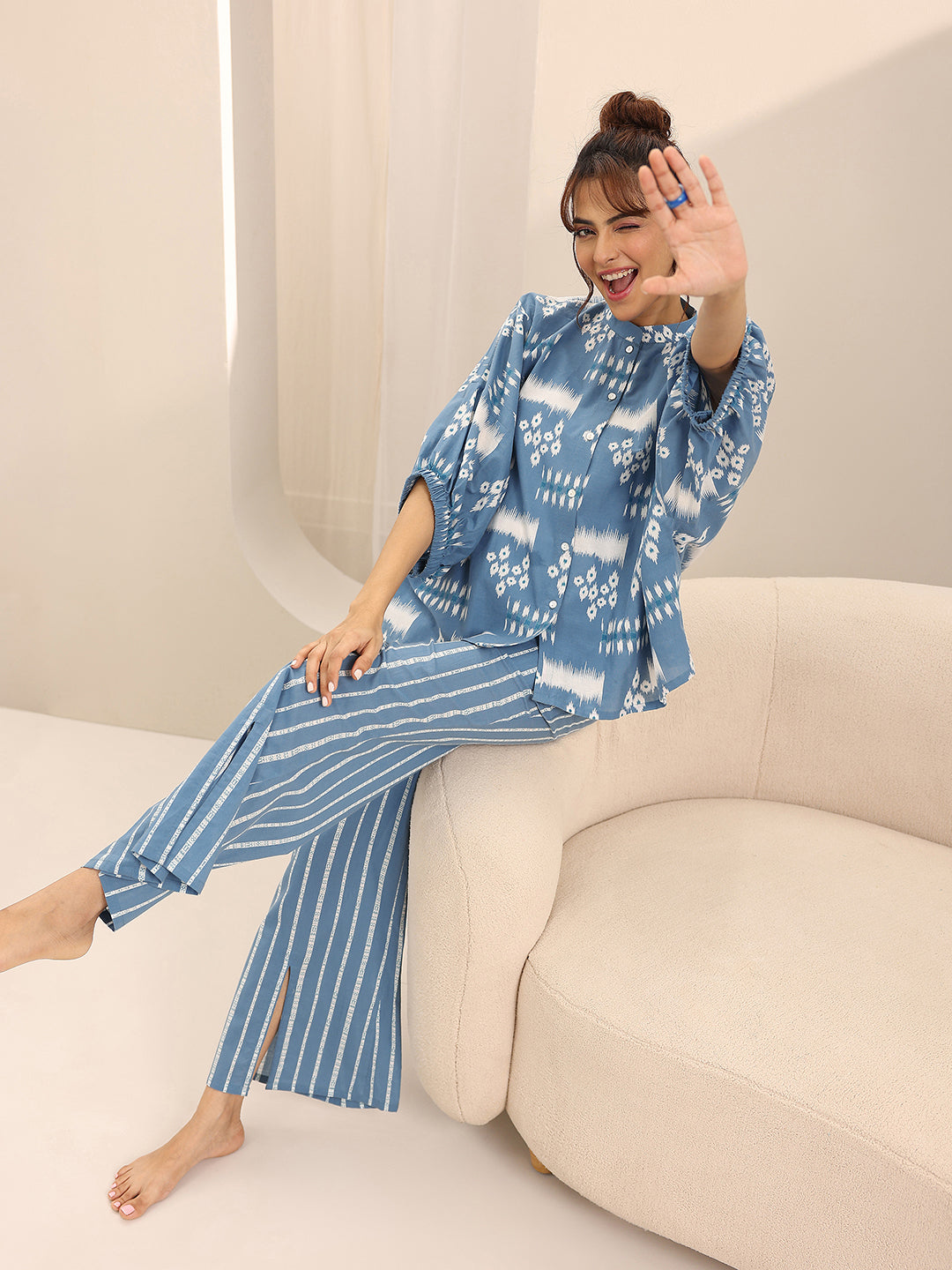 Blue Printed Cotton Night Suits