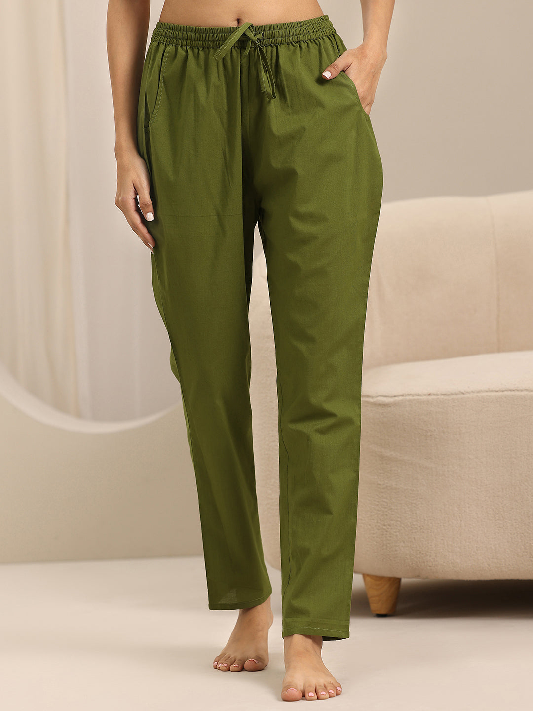 Olive Solid Cotton Night Suits