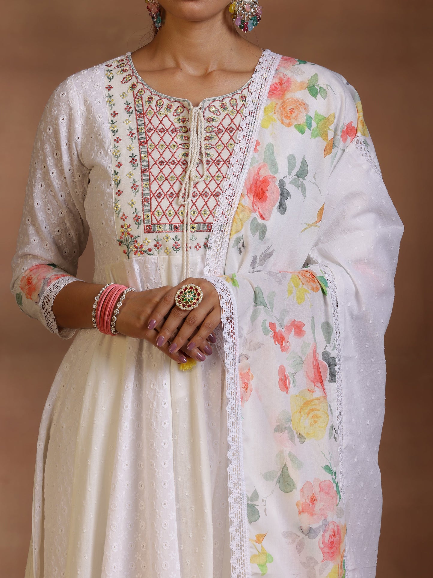 White Self Design Cotton Anarkali Suit With Dupatta
