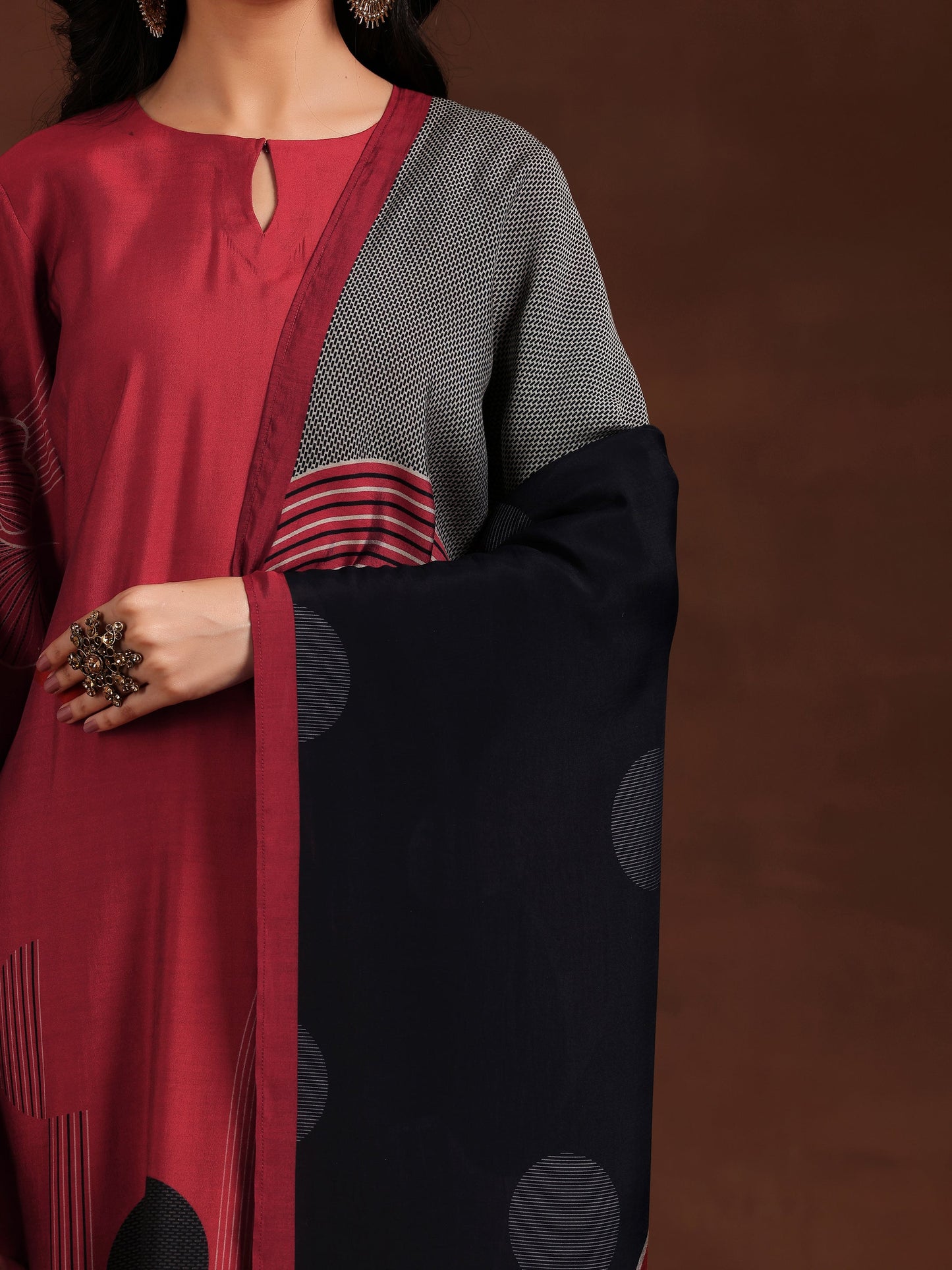 Maroon Printed Silk Blend Straight Suit With Dupatta