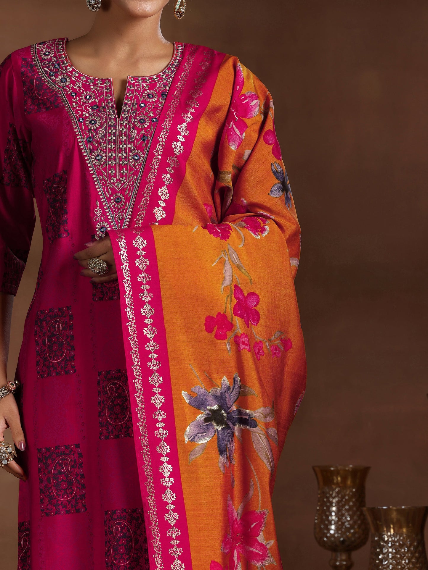 Pink Printed Silk Blend Straight Suit With Dupatta