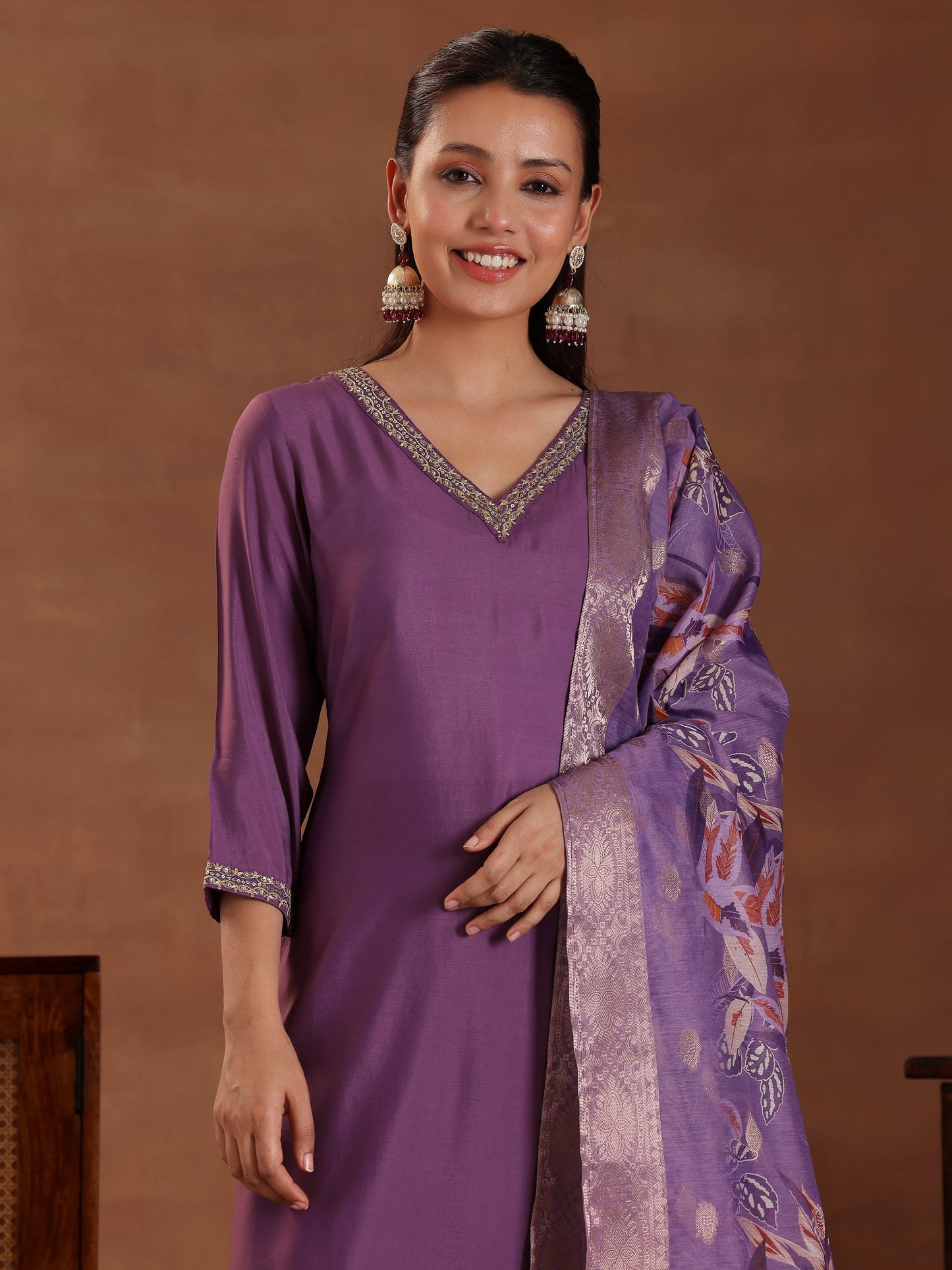 Purple Solid Silk Blend Straight Suit With Dupatta