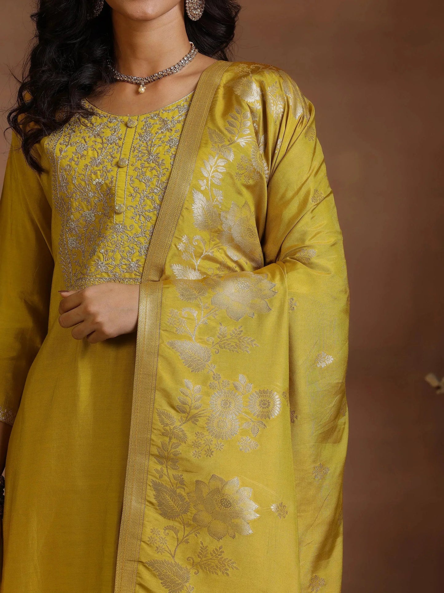 Mustard Yoke Design Silk Blend Straight Suits With Dupatta