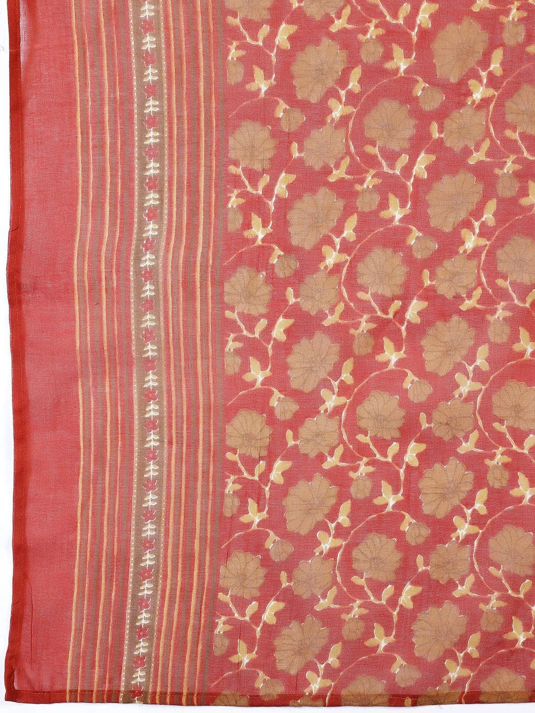 Rust Printed Cotton Straight Suit With Dupatta