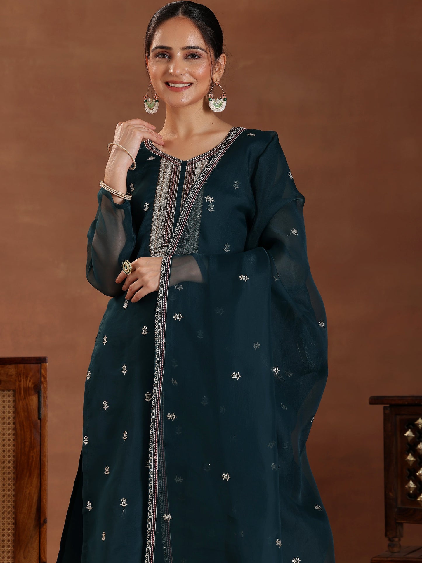 Green Embroidered Organza Straight Suit With Dupatta