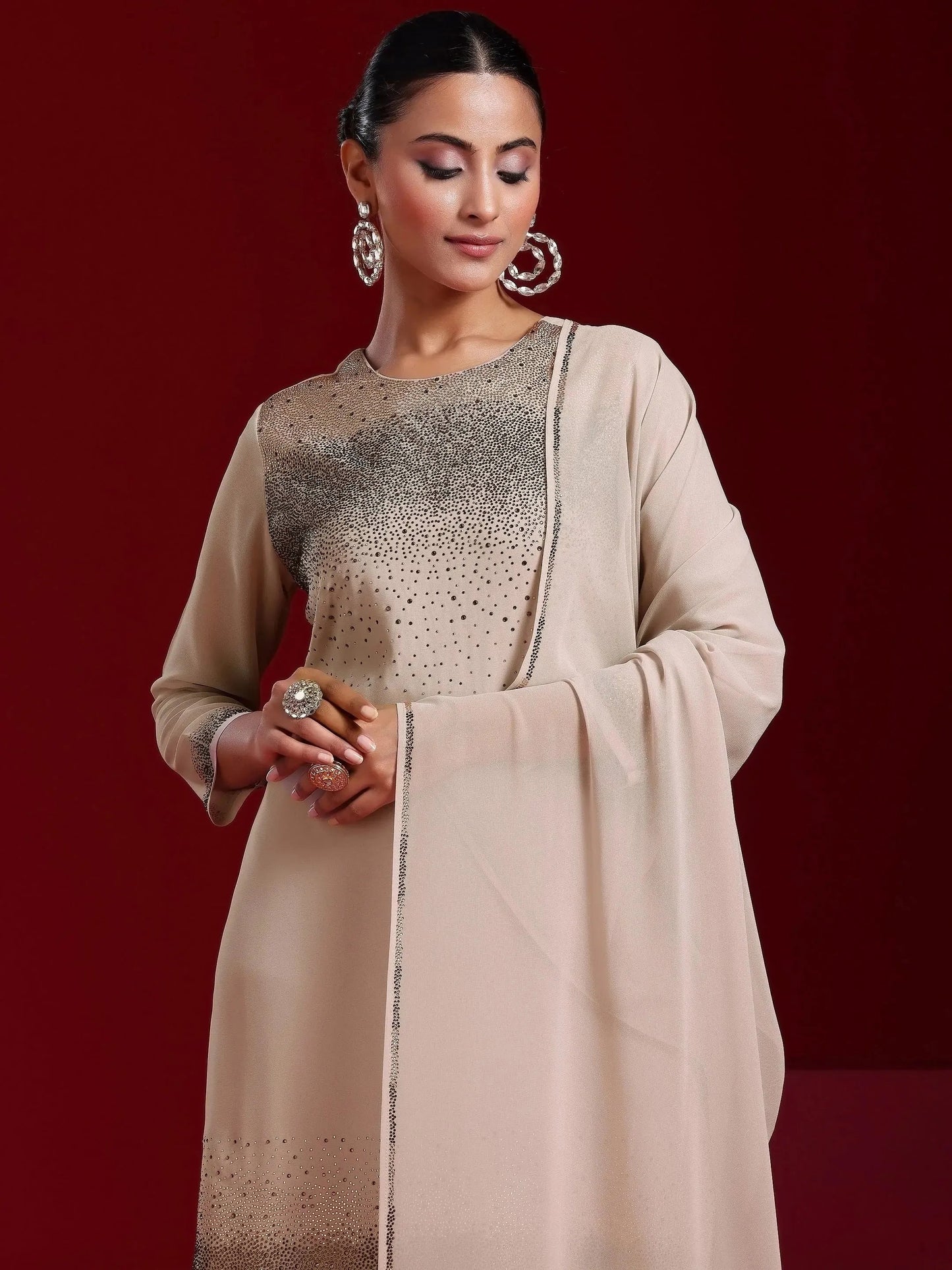 Libas Art Taupe Solid Georgette Straight Suit With Dupatta