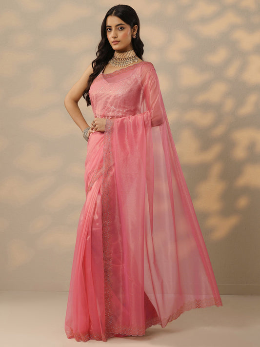 Peach Embellished Nylon Saree With Unstitched Blouse Piece