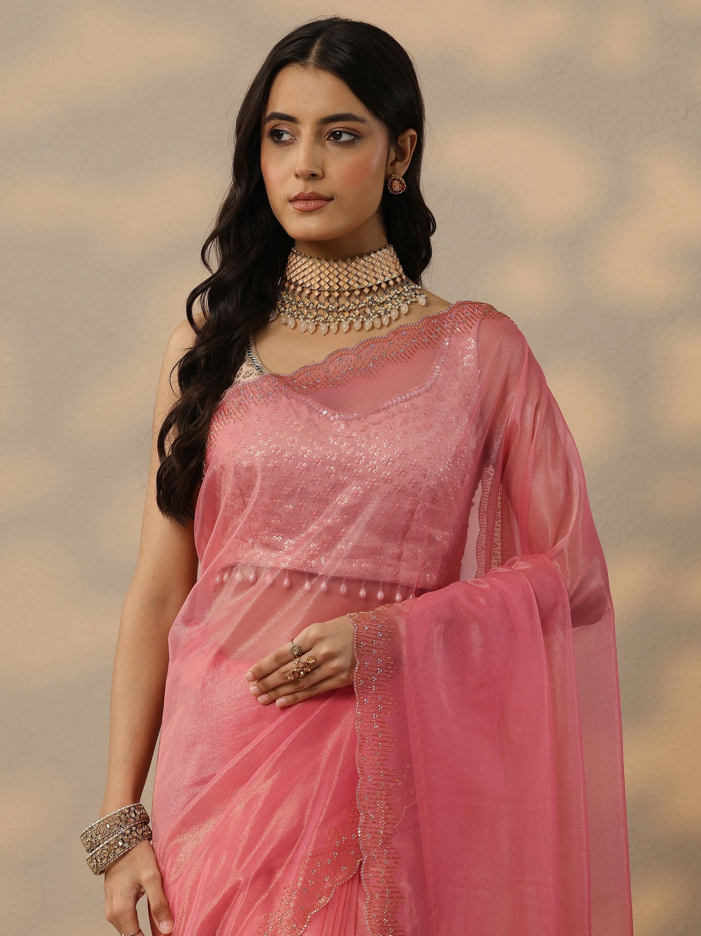 Peach Embellished Nylon Saree With Unstitched Blouse Piece
