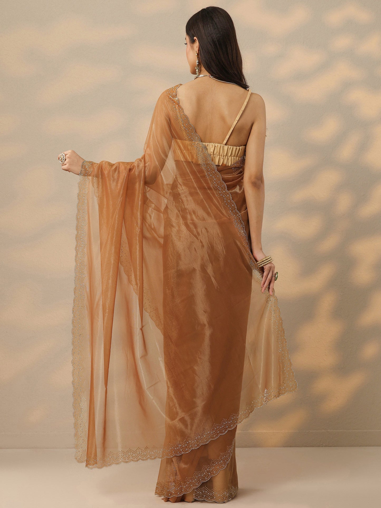 Rust Embellished Nylon Saree With Unstitched Blouse Piece