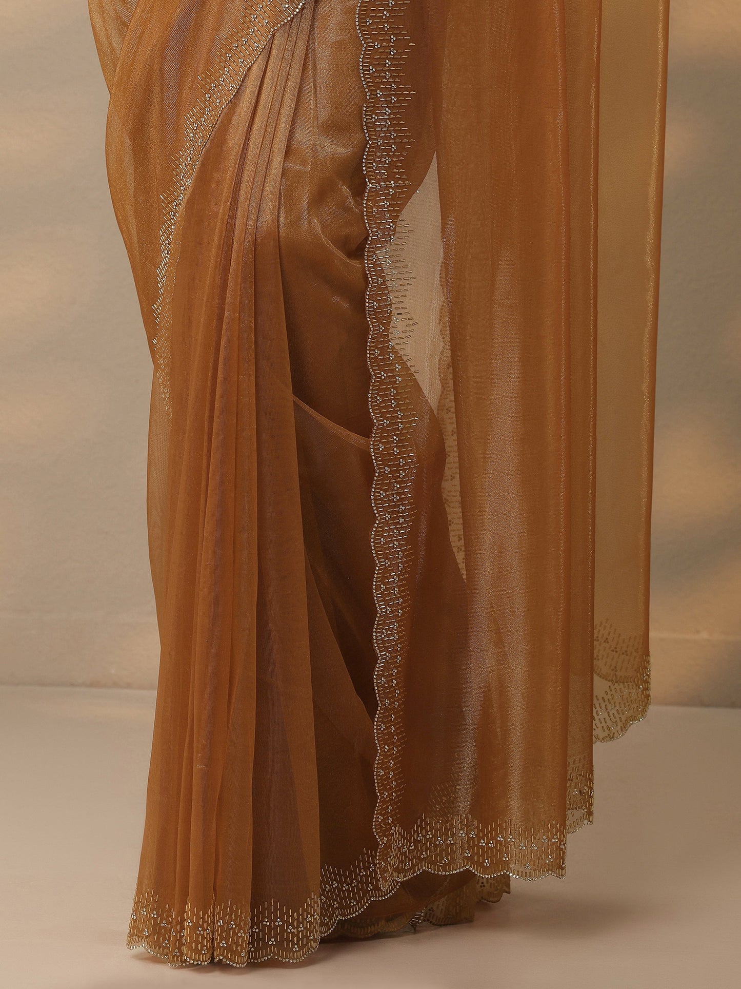 Rust Embellished Nylon Saree With Unstitched Blouse Piece