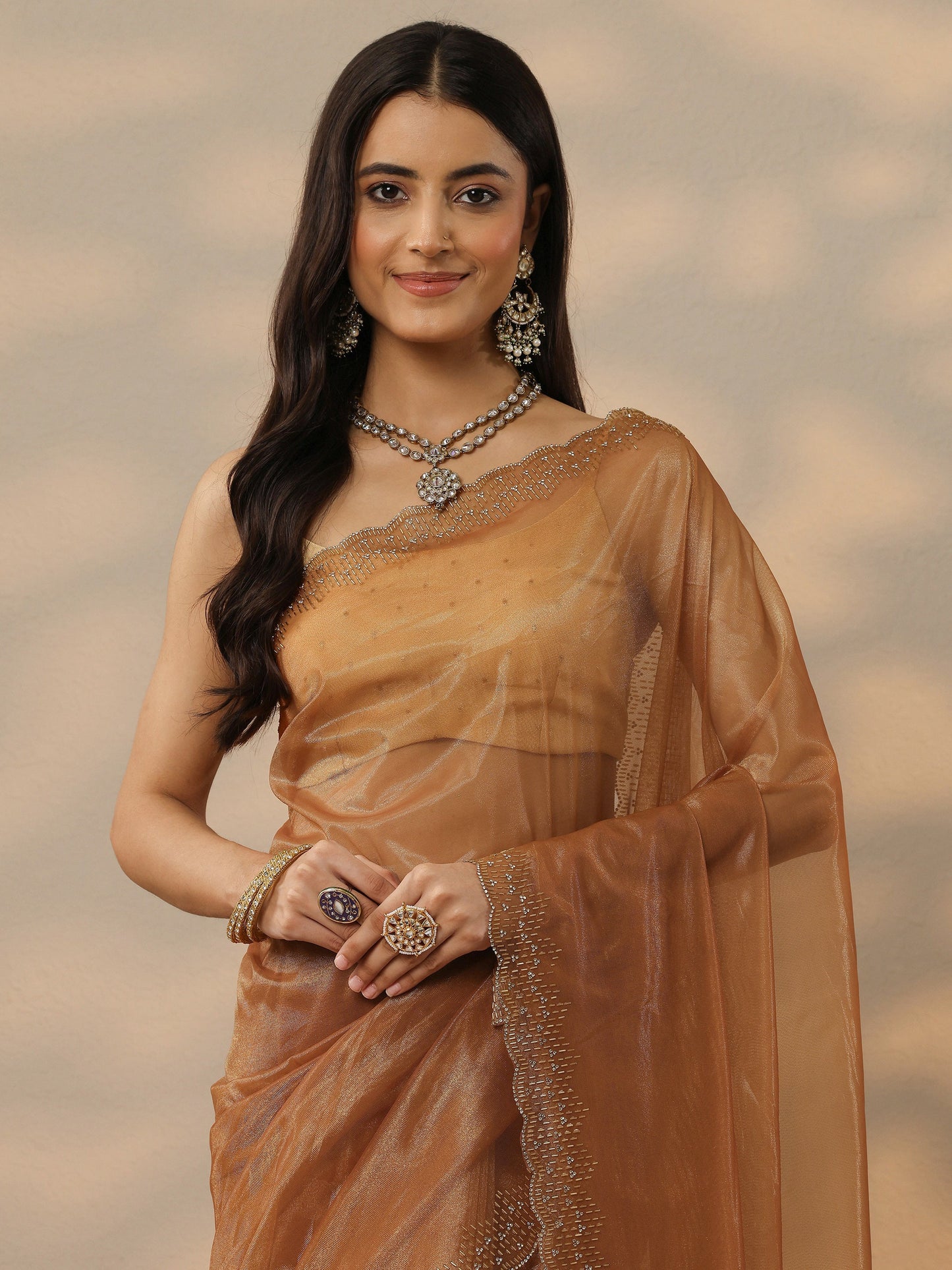 Rust Embellished Nylon Saree With Unstitched Blouse Piece