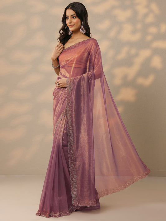 Mauve Embellished Nylon Saree With Unstitched Blouse Piece