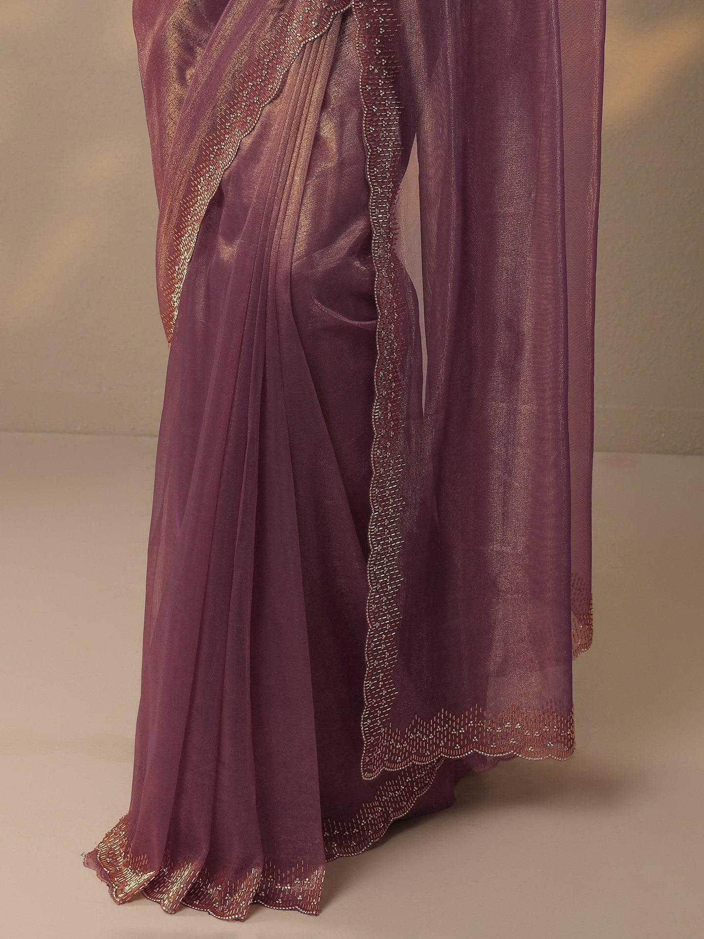 Mauve Embellished Nylon Saree With Unstitched Blouse Piece