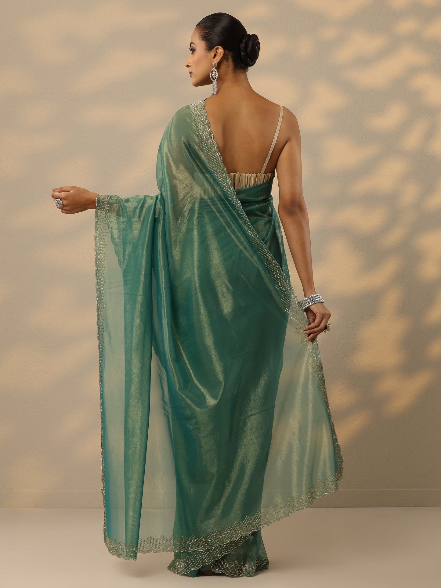 Green Embellished Nylon Saree With Unstitched Blouse Piece