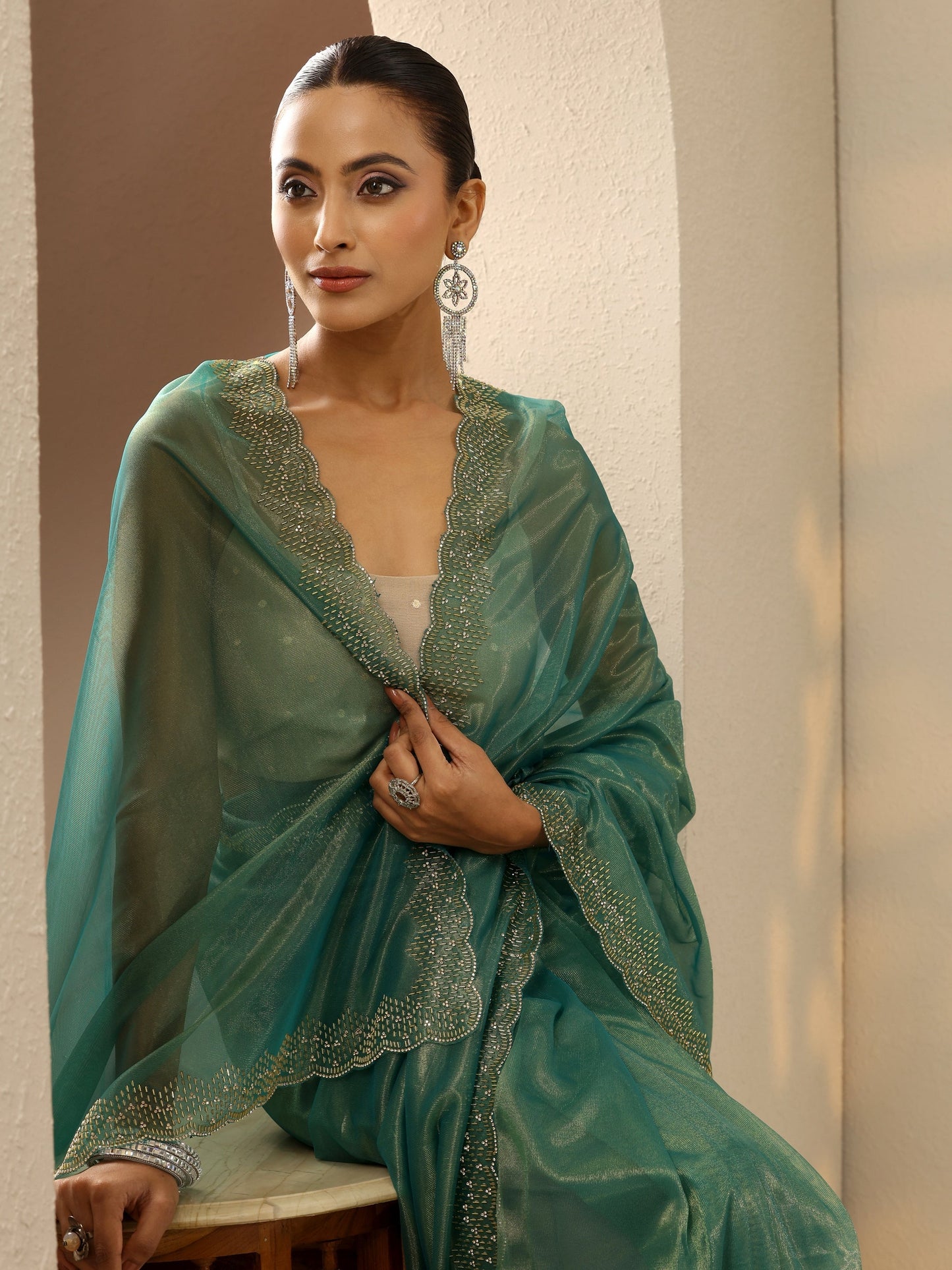Green Embellished Nylon Saree With Unstitched Blouse Piece