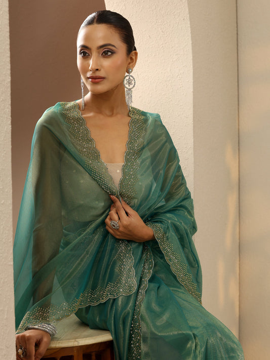 Green Embellished Nylon Saree With Unstitched Blouse Piece