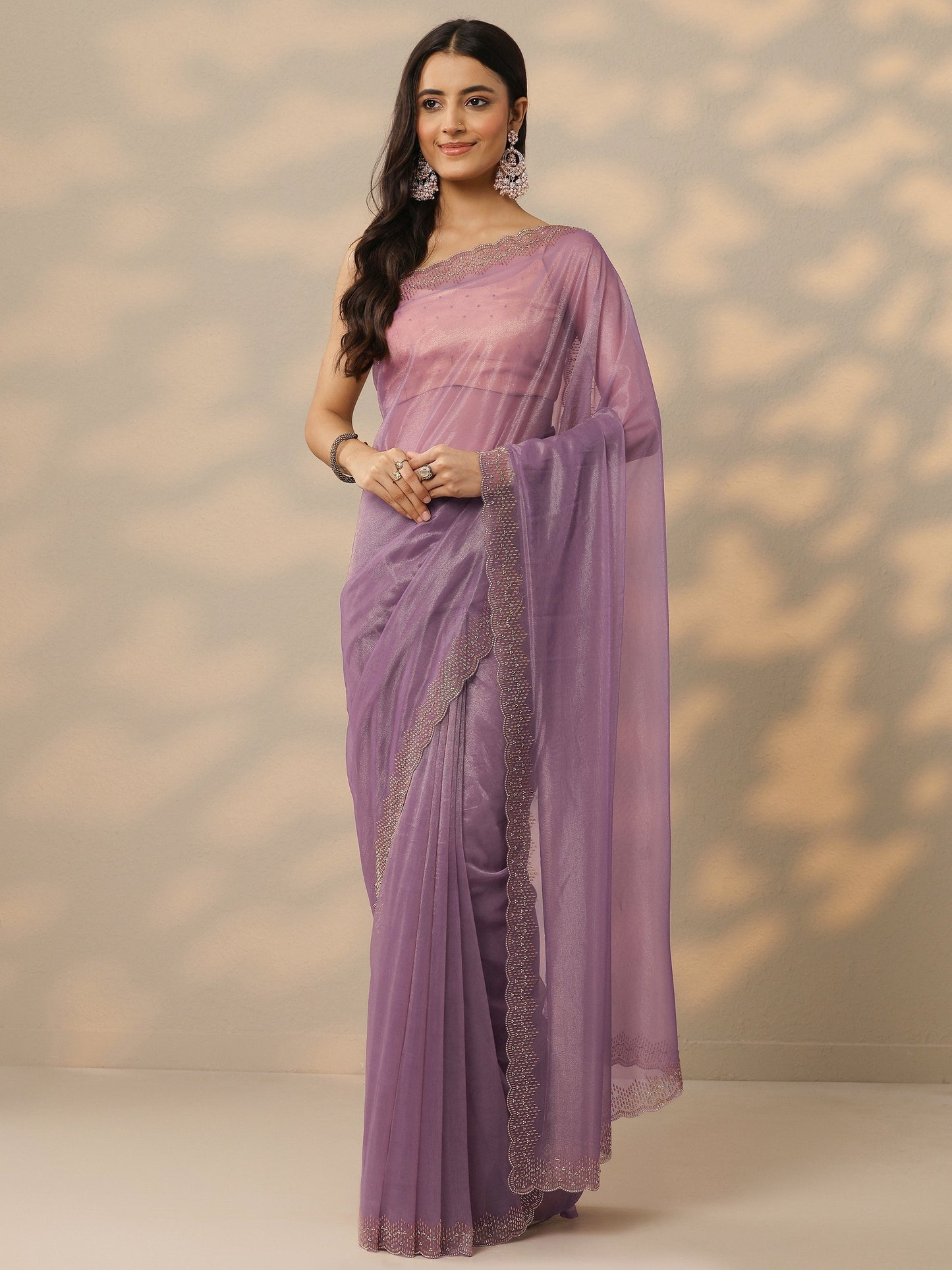 Mauve Embellished Nylon Saree With Unstitched Blouse Piece