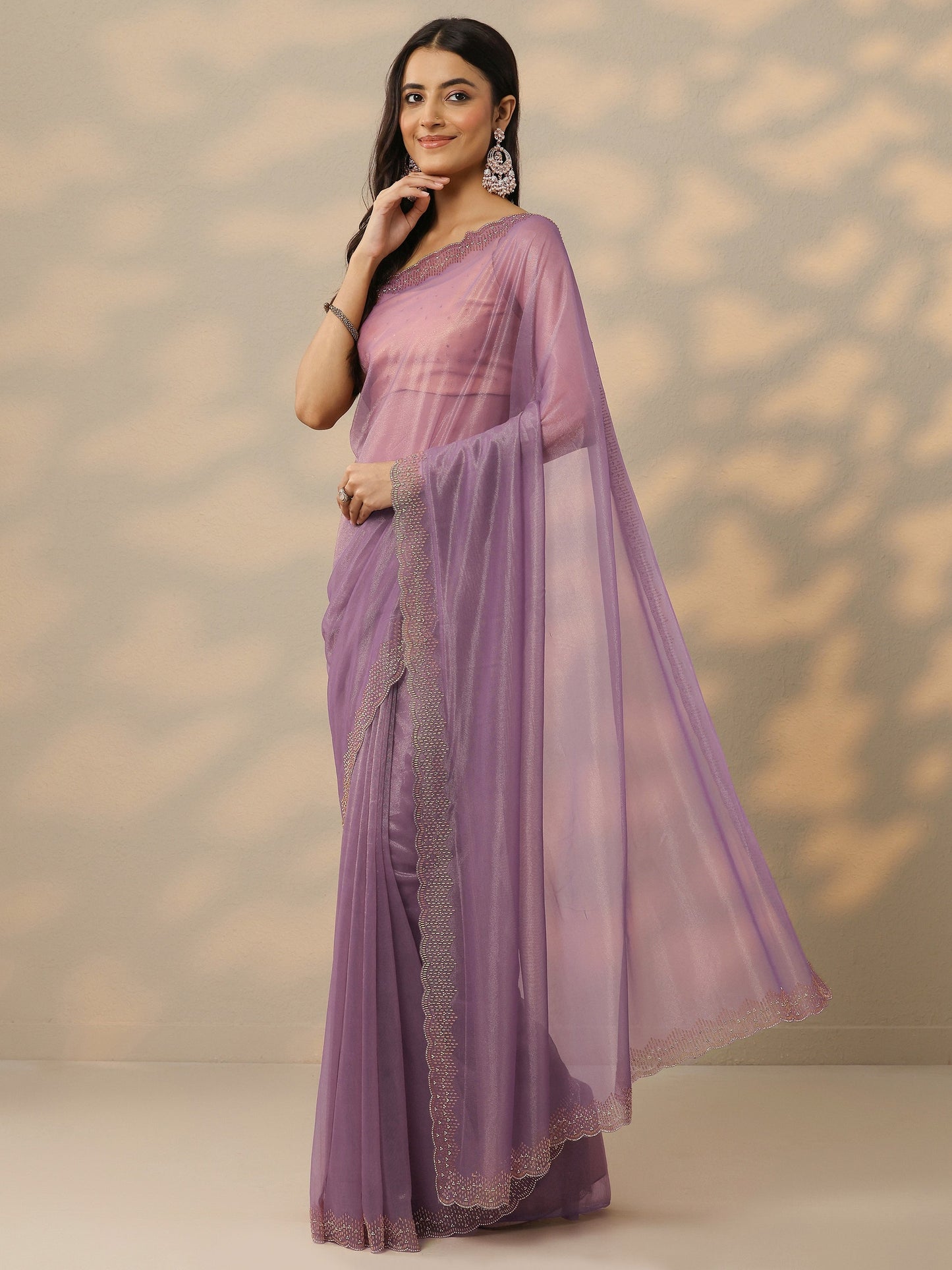 Mauve Embellished Nylon Saree With Unstitched Blouse Piece