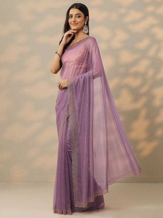 Mauve Embellished Nylon Saree With Unstitched Blouse Piece