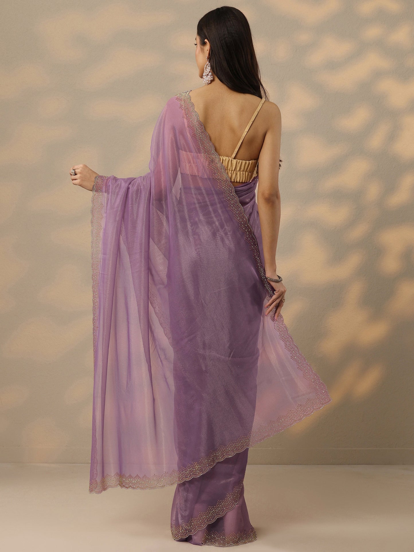 Mauve Embellished Nylon Saree With Unstitched Blouse Piece