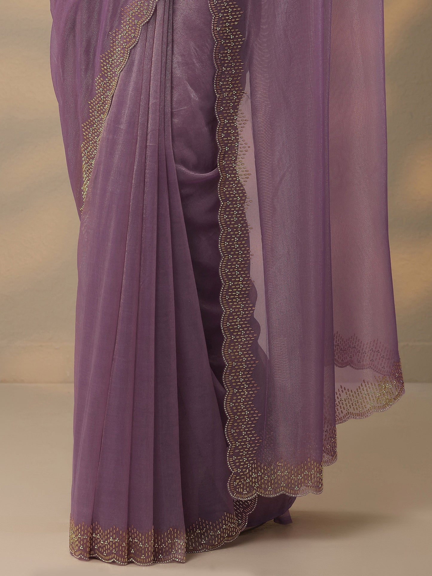 Mauve Embellished Nylon Saree With Unstitched Blouse Piece