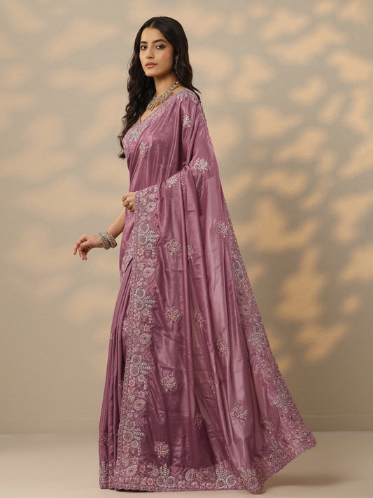 Pink Embroidered Crepe Saree With Unstitched Blouse Piece