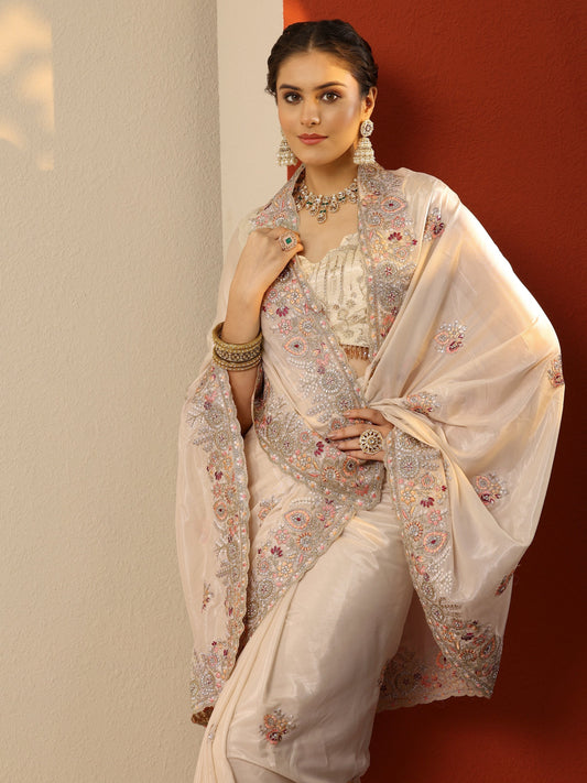 Cream Embroidered Crepe Saree With Unstitched Blouse Piece