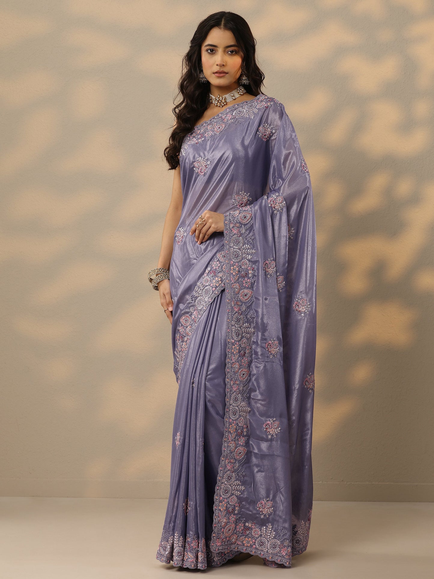 Lavender Embroidered Crepe Saree With Unstitched Blouse Piece