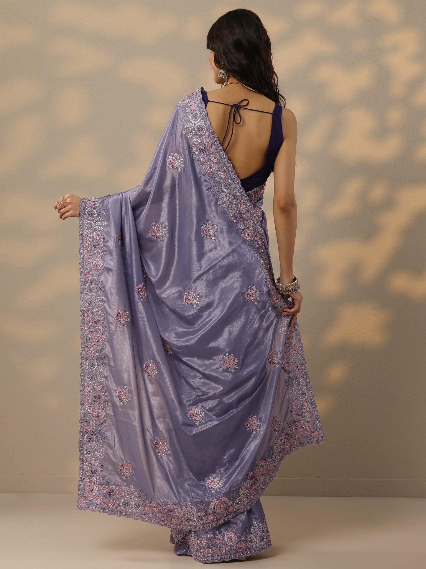 Lavender Embroidered Crepe Saree With Unstitched Blouse Piece